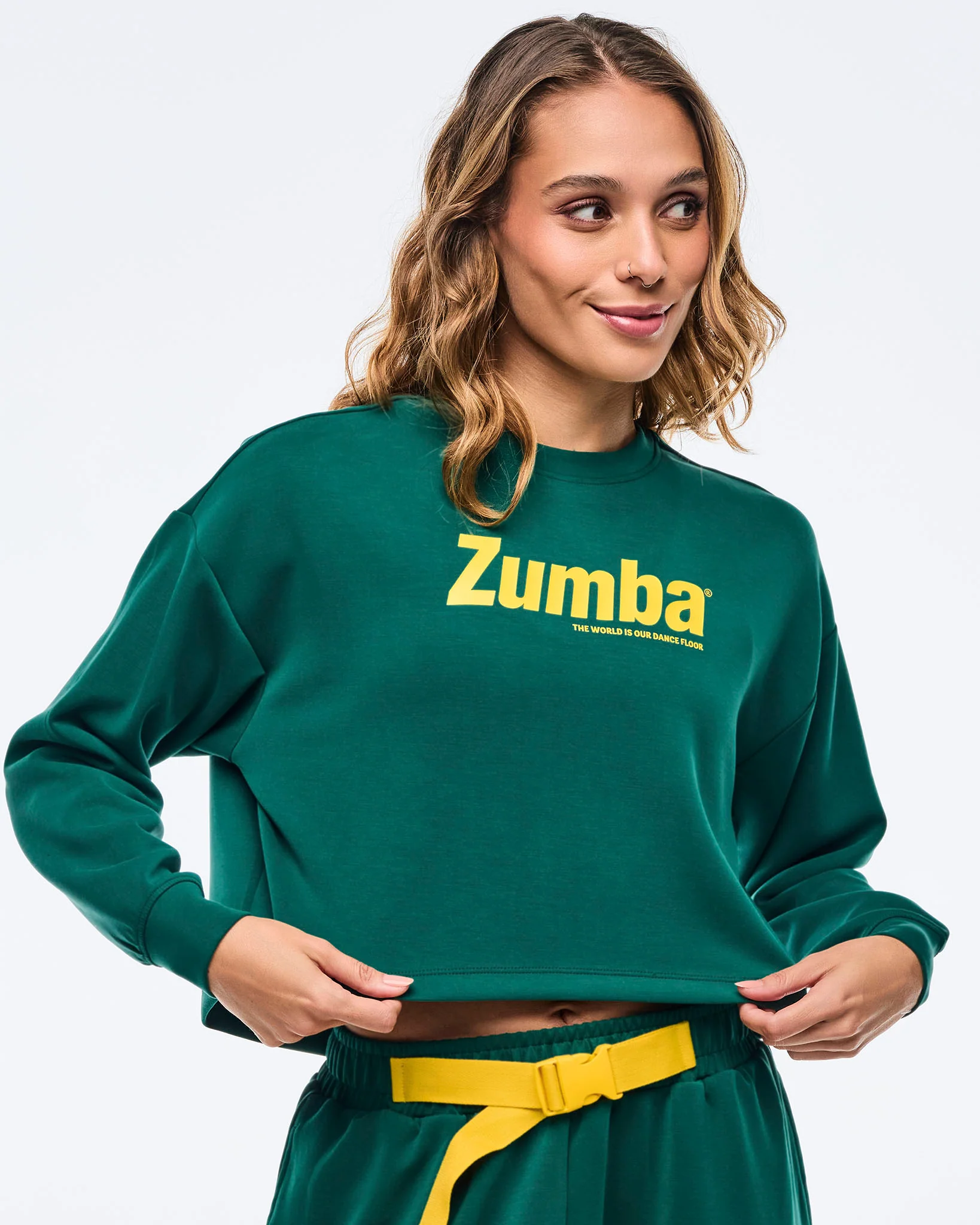Z1T001028: APRES ZUMBA LONG SLEEVE OVERSIZED CROP TOP - TEAL TANGO