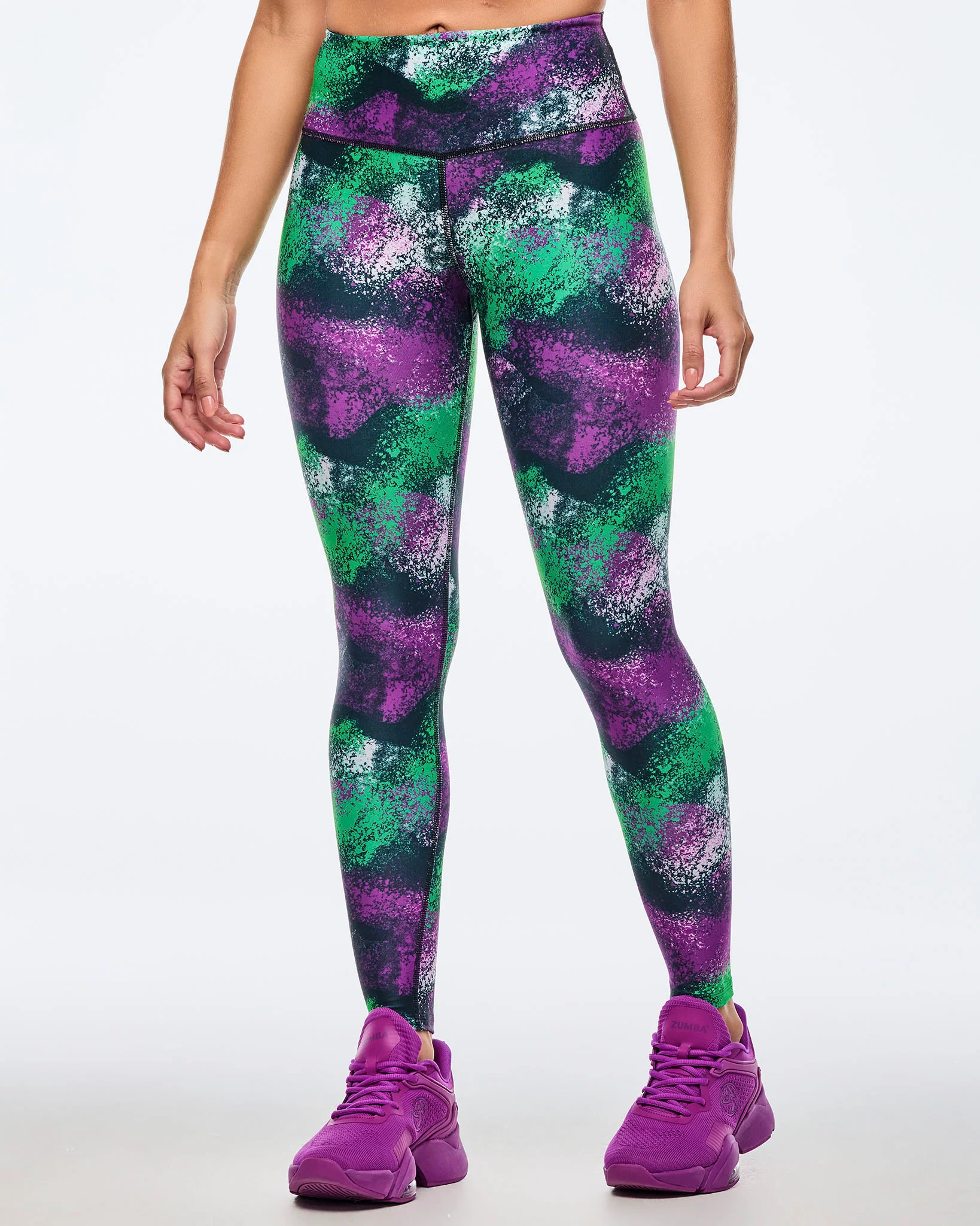 Z1B000677: APRES ZUMBA HIGH WAISTED ANKLE LEGGINGS - GREEN/PURPLE