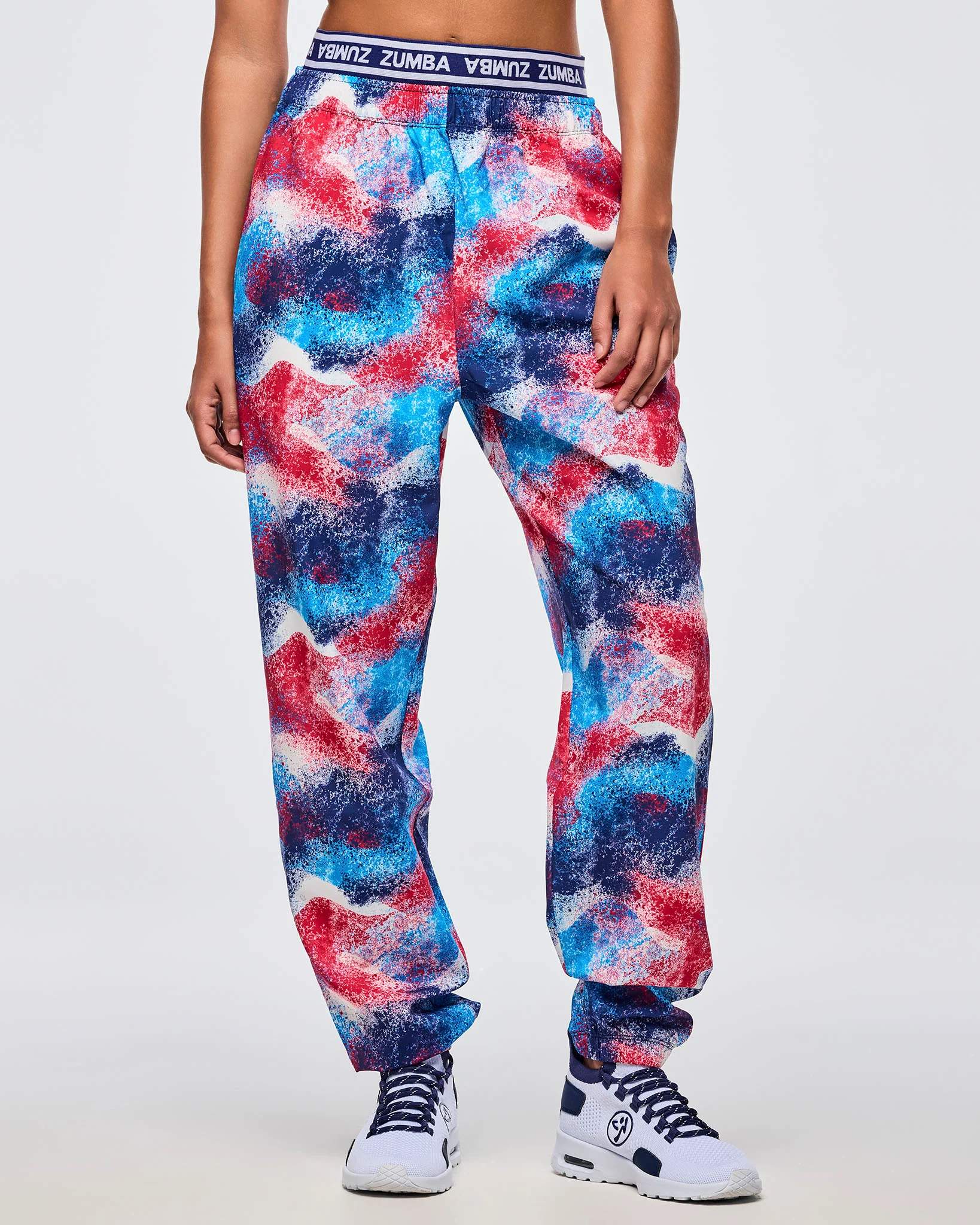 Z1B000683: APRES ZUMBA DOUBLE WAISTED SLOUCH WOVEN PANTS - BLUE/PINK